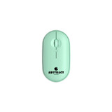 A mint green wireless travel mouse featuring a logo, with a sleek, compact design.
