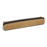 A pencil case in brown with a black zipper, featuring a sleek and minimal design. Suitable for storing writing tools.