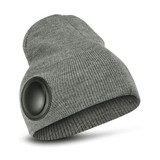 A grey Bluetooth beanie featuring a large circular speaker on the side and a ribbed texture.