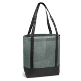 A green heather tote bag with black straps and a black base. It features a logo on the side.