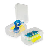 Foam earplugs in yellow with a transparent case, featuring blue cords and a lid. Two earplugs are visible.