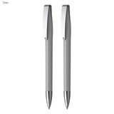 A gift set featuring two grey metallic pens with sleek silver accents and a branding logo. A gift set featuring two grey metallic pens with sleek silver accents and a branding logo.