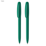 A set of two green plastic pens with a sleek design and clips, featuring a logo on the barrel. A set of two green plastic pens with a sleek design and clips, featuring a logo on the barrel.