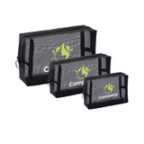 A set of three black nylon mesh cosmetic bags with a logo on the front.