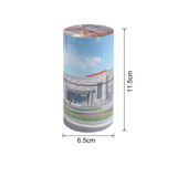 A cylindrical puzzle with a colourful design, measuring 6.5 cm by 11.5 cm, featuring a scenic architectural image.