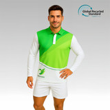 A long-sleeved polo featuring a green and white design, with a logo and a branding badge.