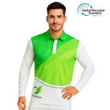 A unisex long-sleeved polo shirt featuring a green and white design, with a logo and made from recycled materials.