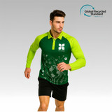 A green and lime unisex polo shirt with long sleeves, featuring a design of a globe and recycled elements, with a logo.