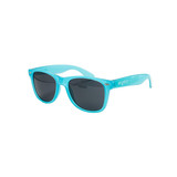 A pair of turquoise sunglasses with dark lenses and a logo on the arm.