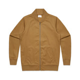 A brown bomber jacket featuring a zip closure and ribbed collar, with a logo on the label.