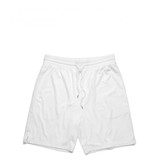 White sports shorts with an elastic waistband and drawstring, featuring a logo on one side.