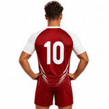 A red and white v-neck raglan sport tee shirt with the number 10 on the back, featuring a logo.