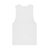 A plain white organic tank top with a sleeveless design, featuring a logo on the back.