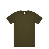 An olive green t-shirt with a plain design and a logo on the label.
