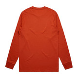A long-sleeve t-shirt in a warm orange hue, featuring a simple design and a branding logo.