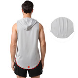 A grey sleeveless hoodie with a pocket, made of 100% polyester micro mesh, featuring a round hem and a logo.