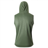 A sleeveless hooded sports vest in olive green, made from 100% polyester micro mesh, featuring a logo.