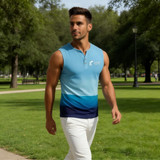 A sleeveless singlet in blue and teal gradient with a small V-neck and buttoned front. It features a logo.