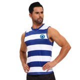 A man models a blue and white striped V-neck singlet made of 100% polyester micro mesh, featuring a logo.