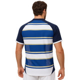 A V-neck raglan tee shirt featuring a navy blue and white striped design, with a logo on the back.