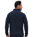 A navy blue raglan jacket featuring a high stand-up collar and quarter-zip design, with a subtle logo.