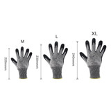 A set of cut resistant nitrile gloves in grey with black fingertips, displaying sizes M, L, and XL.