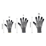 Cut resistant nitrile gloves in grey with black fingertips, displayed in three sizes: M, L, and XL.