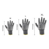 Cut resistant PU gloves in grey, displayed in three sizes: M, L, and XL, with measurements indicated alongside each glove.