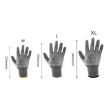 Cut resistant PU gloves in grey, displayed in three sizes: M, L, and XL, with varying cuff colours.