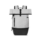 A grey and black roll top backpack with zippers and adjustable straps, featuring a logo.