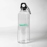 A drink bottle made of clear plastic with a black lid and a carabiner, featuring a logo.