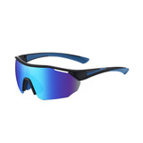 Sports cycling sunglasses with a blue and black design featuring mirrored lenses. The frame has a sleek, modern style.