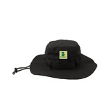 A black outdoor brim hat with a chin strap and a logo on the side. Ideal for outdoor activities.