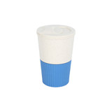 A drink bottle with a white top and blue ribbed lower section, featuring a lid and a logo.