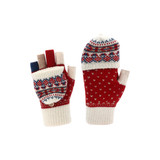 Red and cream adults' jacquard fingerless gloves with a flip cover and decorative patterns. Includes a logo.
