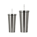 A drink bottle set featuring two double wall stainless steel tumblers in silver with straws.