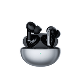 Wireless earbuds in black with a silver charging case, featuring a logo on the case.