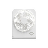 A white mini desk fan featuring a circular grille design and a small power button.