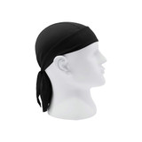 A black Cycling Bandana Hat displayed on a white mannequin head, featuring a mesh design and ties at the back.