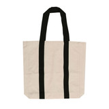 A cream canvas tote bag with black handles and a logo. Suitable for personalised designs.