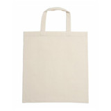 A beige calico bag with short handles and a simple design. Features a logo on one side.