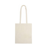 A beige, long-handled calico bag with a plain design and no visible logos.