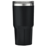 A drink bottle in matte black with a stainless steel rim, featuring a logo on its side.
