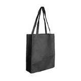 A reusable tote bag in dark grey with two sturdy handles and a simple design. It features a logo on one side.