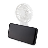 A portable white fan is attached to a smartphone, designed for convenience and ease of use.
