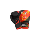 Kids boxing gloves in black and red with vibrant graphic designs and a logo on the strap.