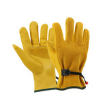 Yellow cowhide gardening gloves with a secure wrist strap and a soft lining, featuring a logo on the wrist.