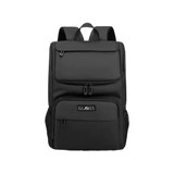 A black business laptop backpack featuring multiple compartments and a side mesh pocket. It has a logo on the front.