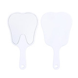 A tooth-shaped face mirror in white with a handle, featuring a smooth reflective surface and simple design.