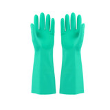 A pair of reusable cleaning nitrile gloves in bright green, featuring long sleeves and a textured grip.